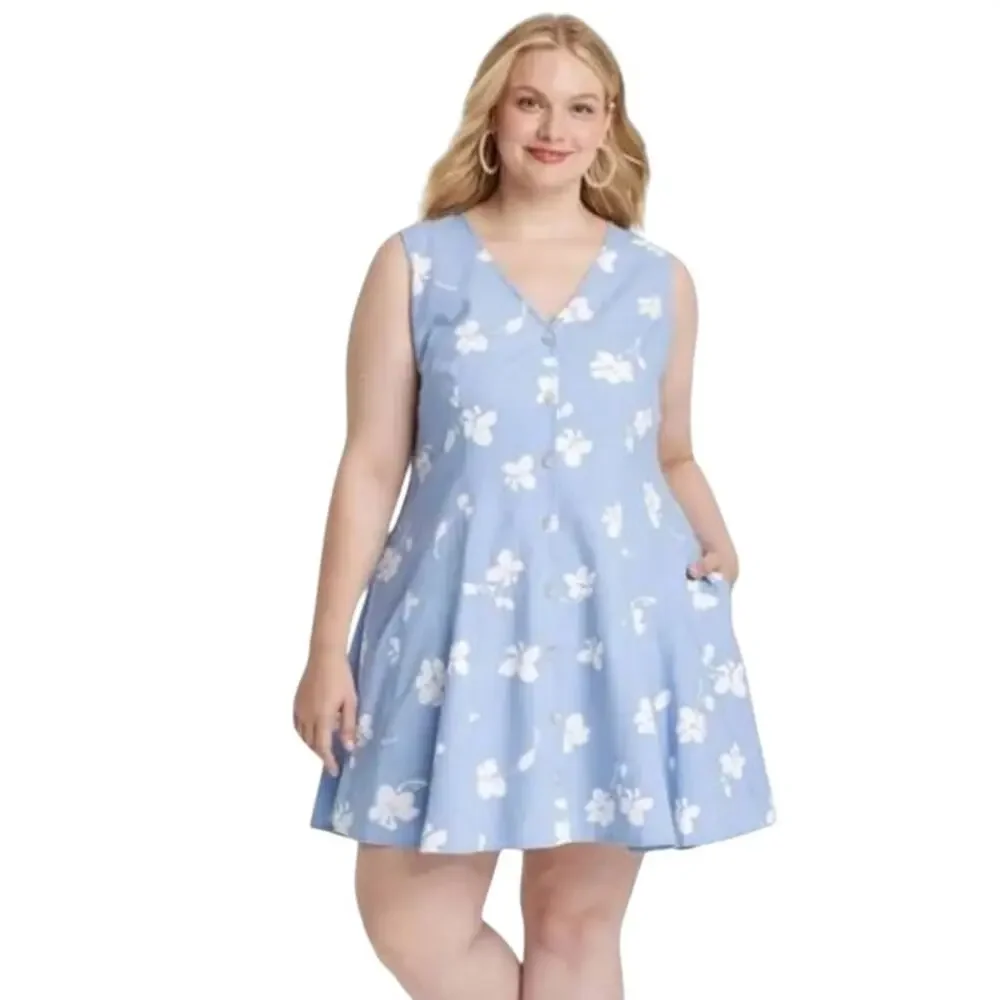 New Universal Thread Women's Blue and White Floral Button-Front Mini Sundress XL